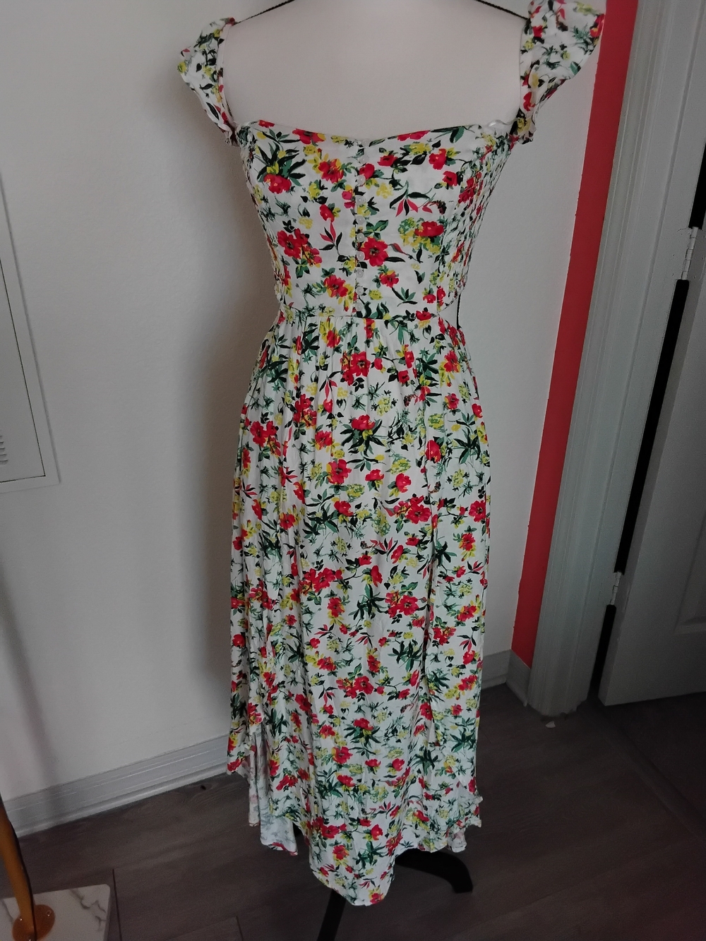 Lush White Maxi Dress with Red Floral & Green Leaf Print